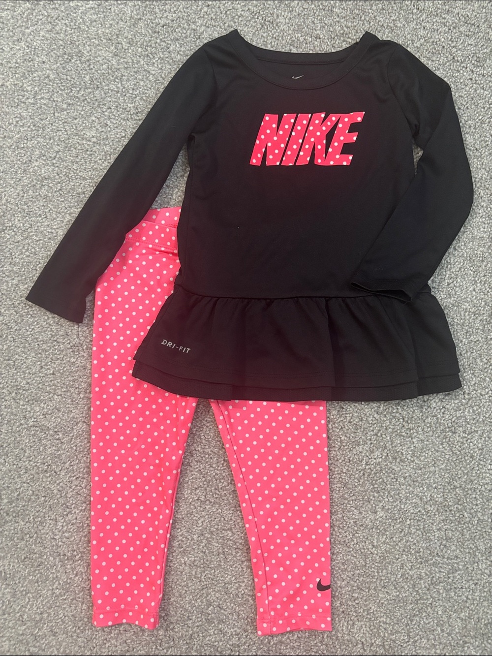 Nike Black Top with Pink Polka Dot Logo & Pink Polka Dot Leggings